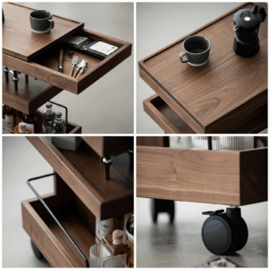 Alternative view of Livingroom Movable Walnut Finish Coffee Table Trolley Cars Vintage Bar Cart