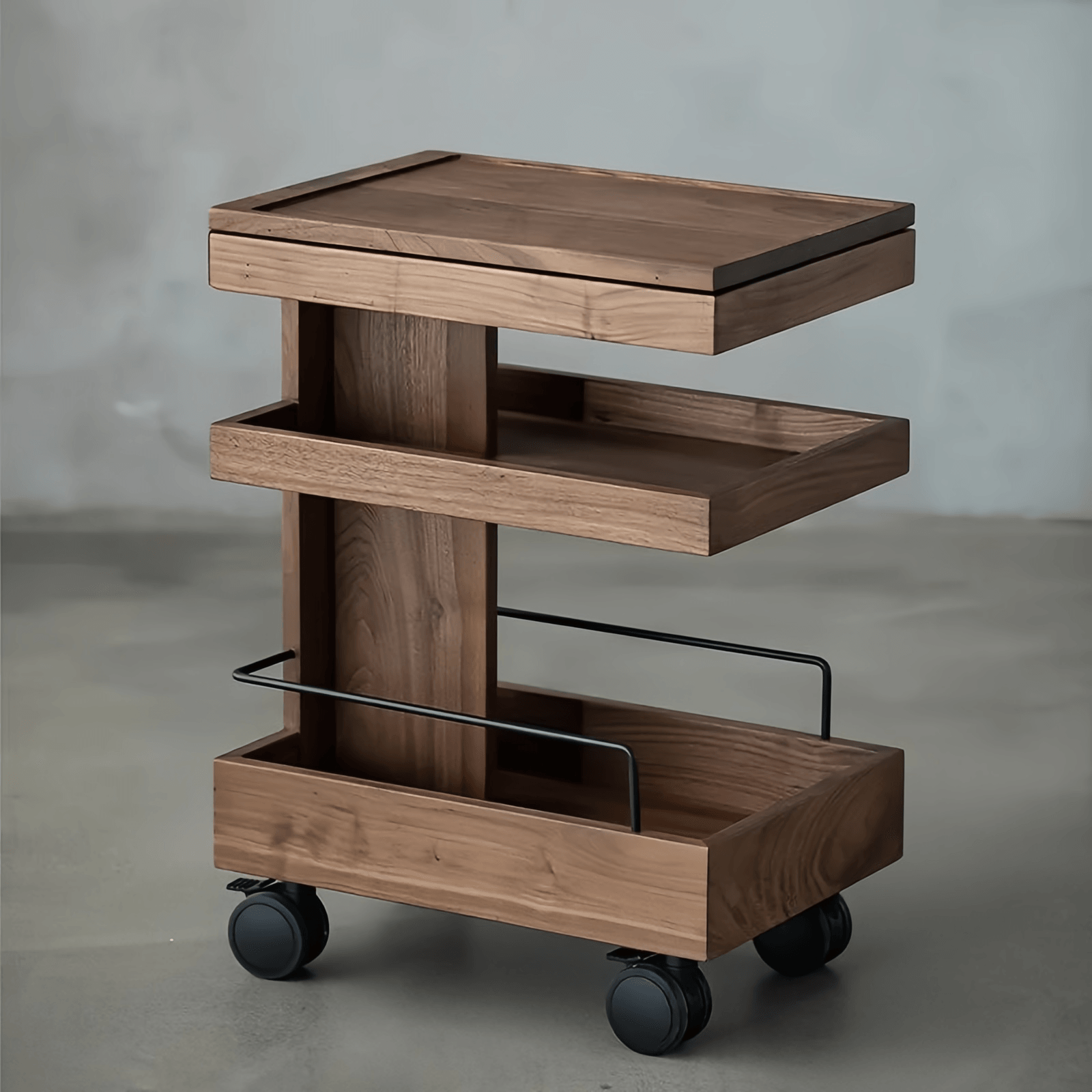 Livingroom Movable Walnut Finish Coffee Table Trolley Cars Vintage Bar Cart - Image 4
