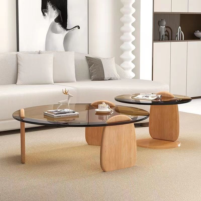 Modern Glass Coffee Table Set, Round Tempered Glass Top with Solid Wood Base – Contemporary Living Room Center Table - Image 11