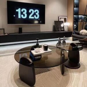 Modern Glass Coffee Table Set, Round Tempered Glass Top with Solid Wood Base – Contemporary Living Room Center Table