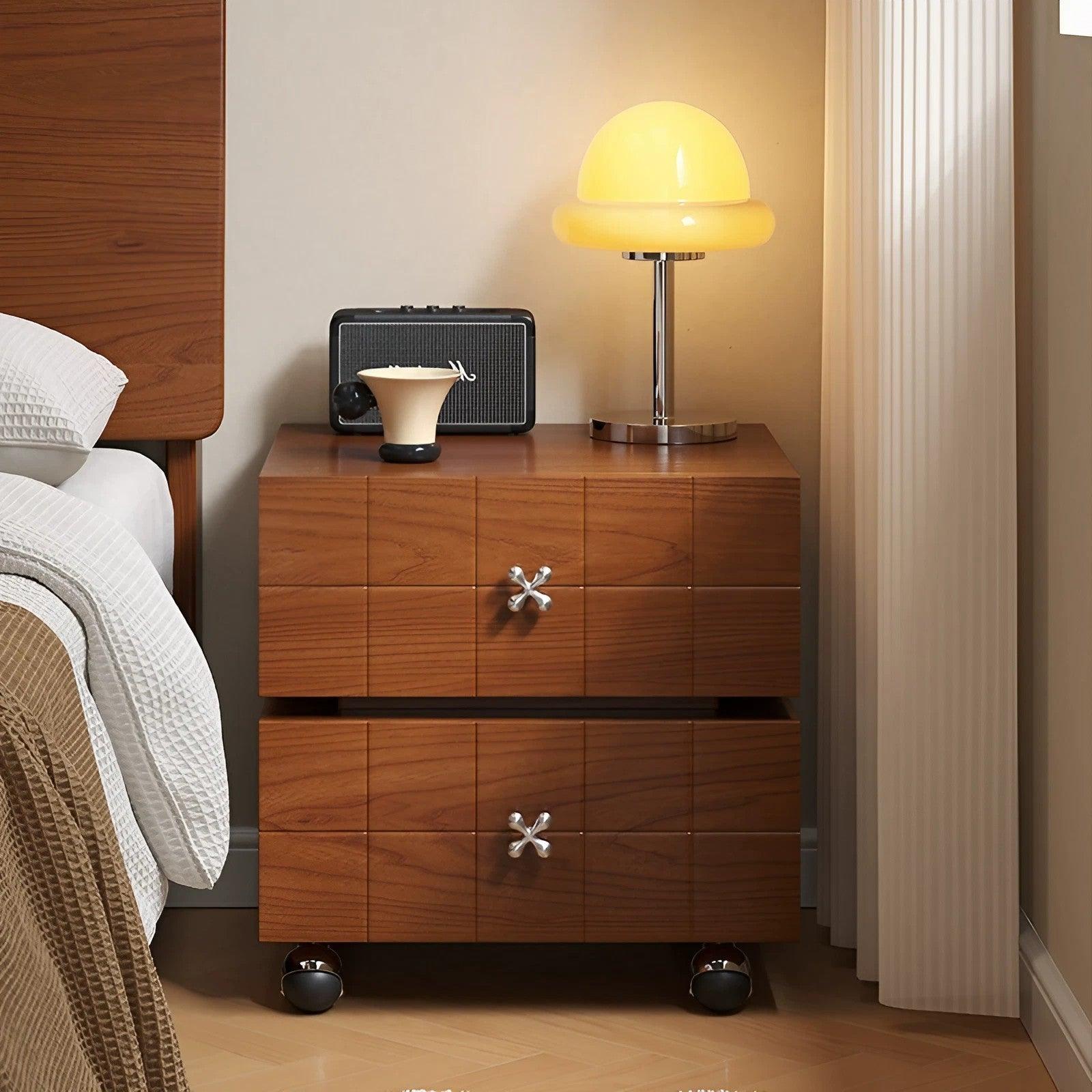 Rotatable Double Layer Solid Wood Nightstand with Wheels And Movable Drawer Storage Bedside Cabinet - Image 6