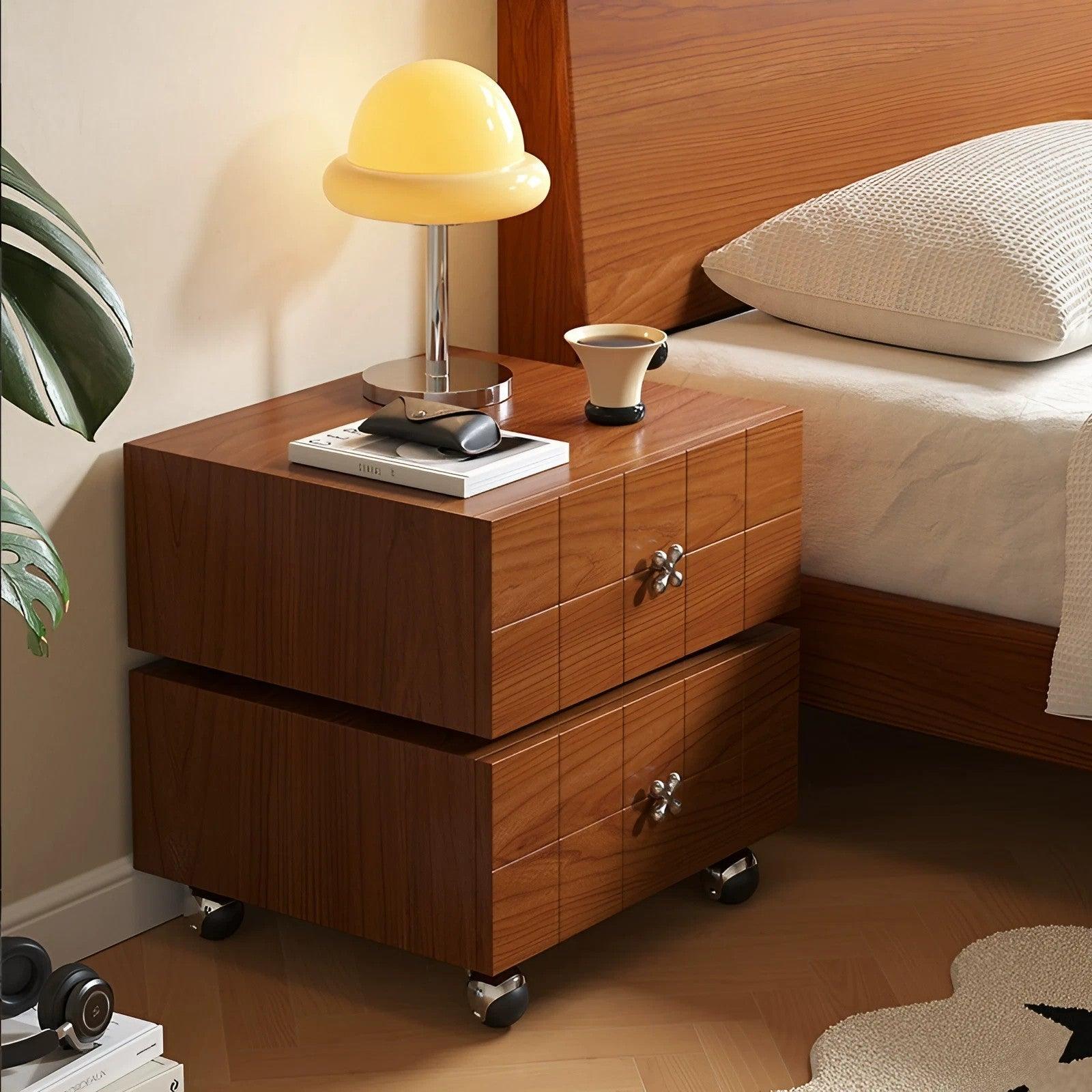 Rotatable Double Layer Solid Wood Nightstand with Wheels And Movable Drawer Storage Bedside Cabinet - Image 5