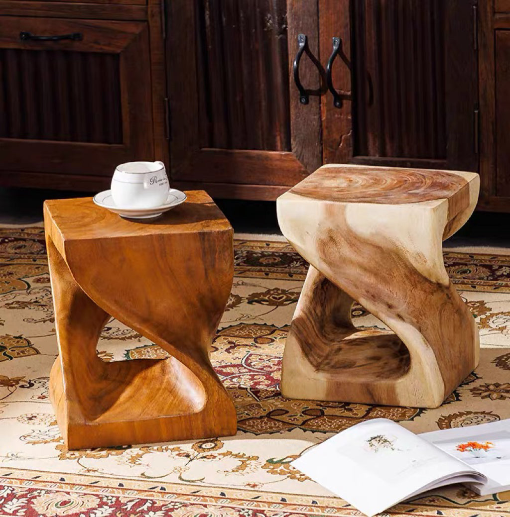 Handmade Solid Wood Double Twist Side Table | Rustic Natural Grain Abstract Form - Image 8