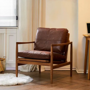 Alternative view of Solid Wood Lounge Chair with Waxed Leather Cushion – Modern Japandi Accent Chair for Living Room
