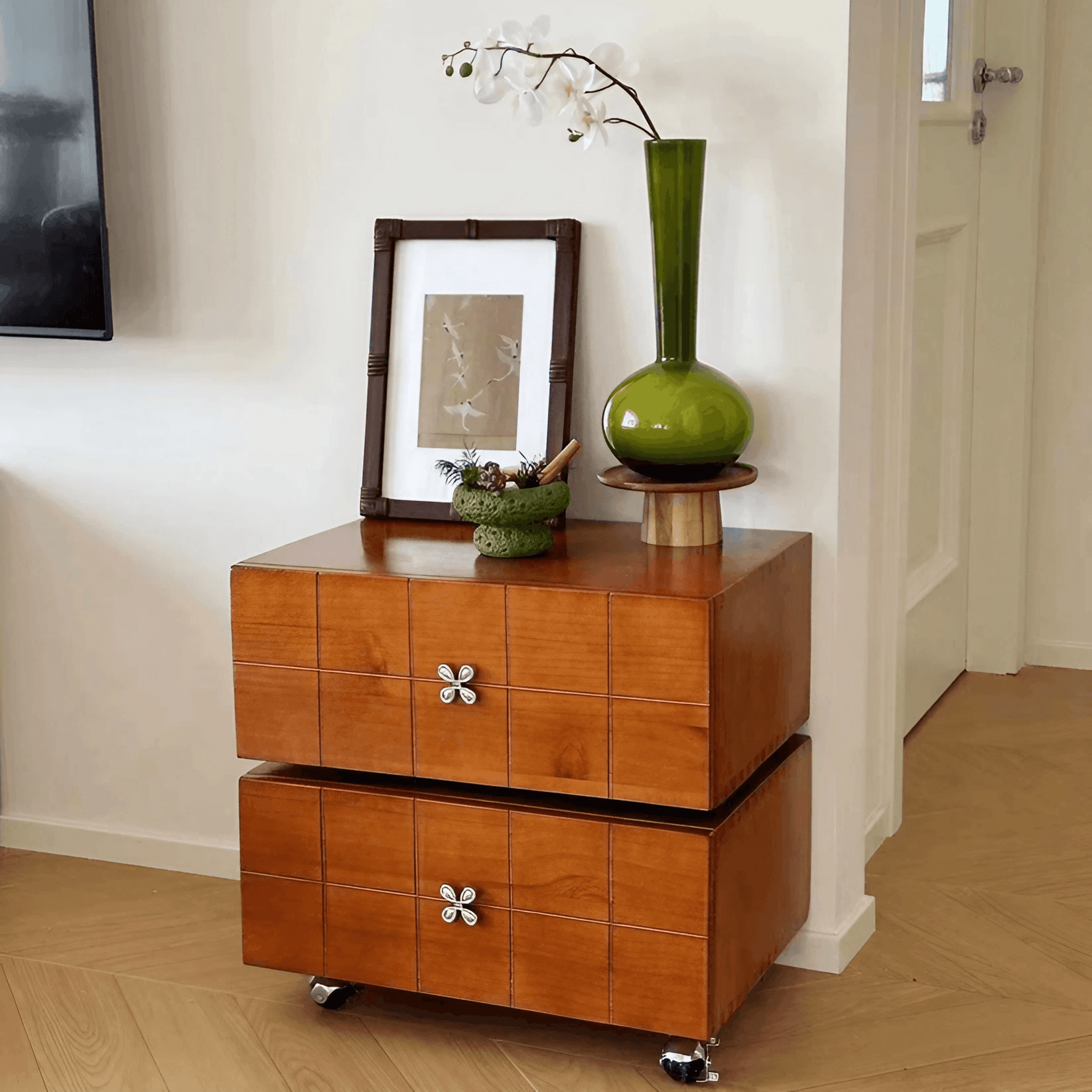Rotatable Double Layer Solid Wood Nightstand with Wheels And Movable Drawer Storage Bedside Cabinet - Image 2