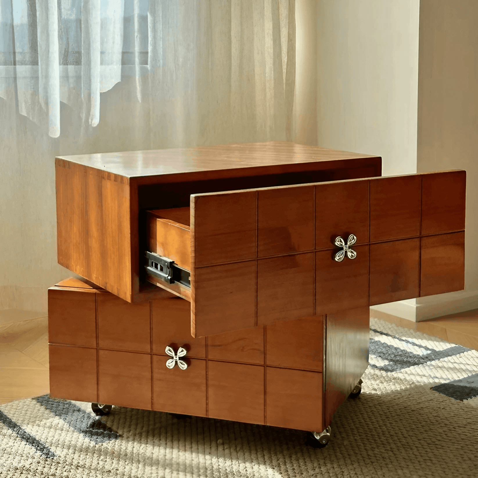 Rotatable Double Layer Solid Wood Nightstand with Wheels And Movable Drawer Storage Bedside Cabinet - Image 4