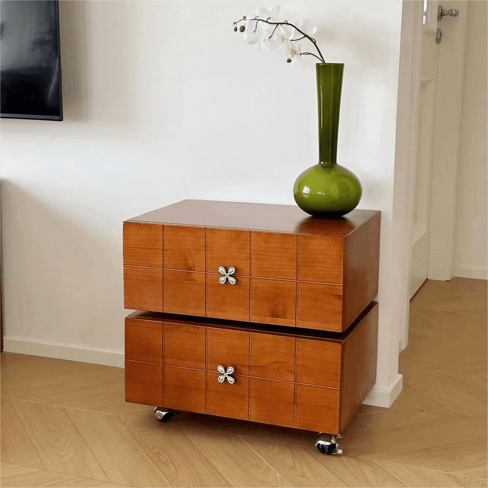 Rotatable Double Layer Solid Wood Nightstand with Wheels And Movable Drawer Storage Bedside Cabinet - Image 3